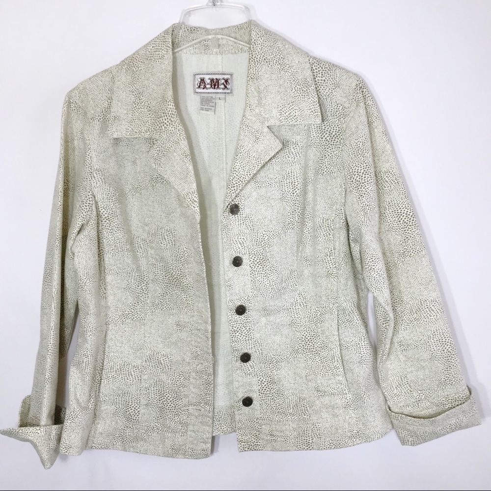 AMI Cream Short Waist Button Up Moto Jacket Size L Spotted Design Light Weight